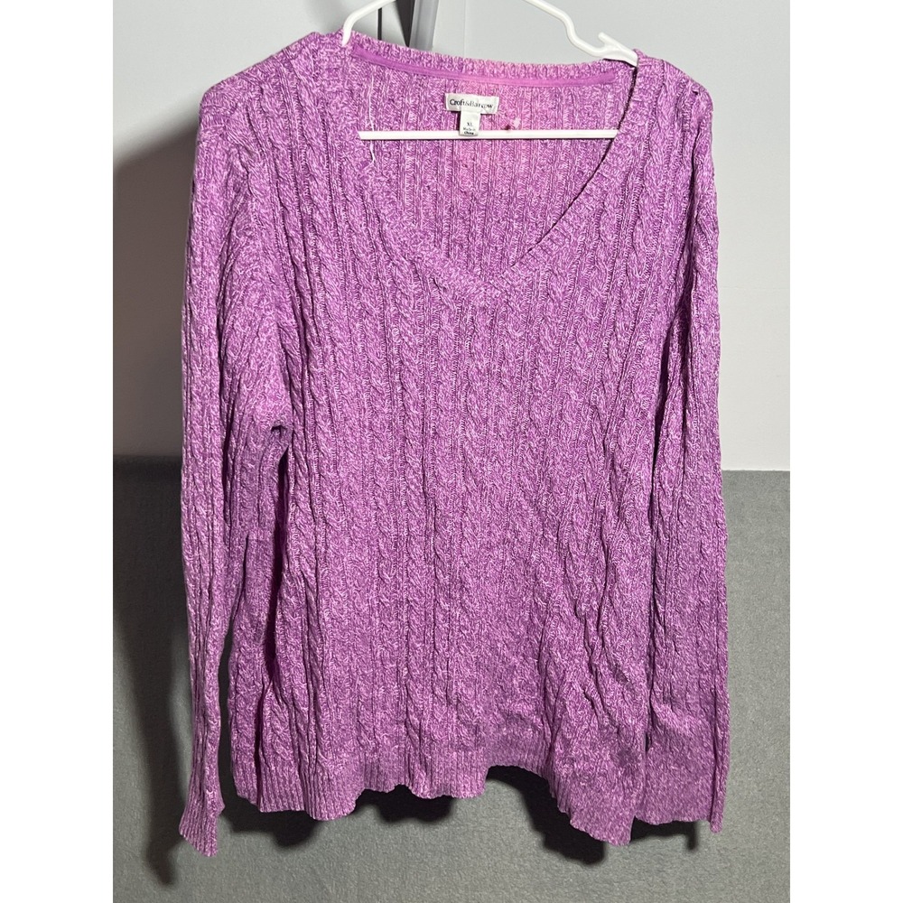 Croft & Barrow Women's XL Purple Heathered V-Neck 100% Cotton Cable Knit Sweater